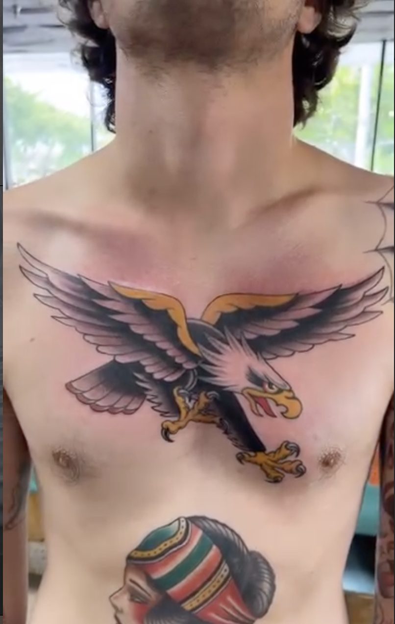 American traditional eagle chest tattoo in bold color by Danny Mac